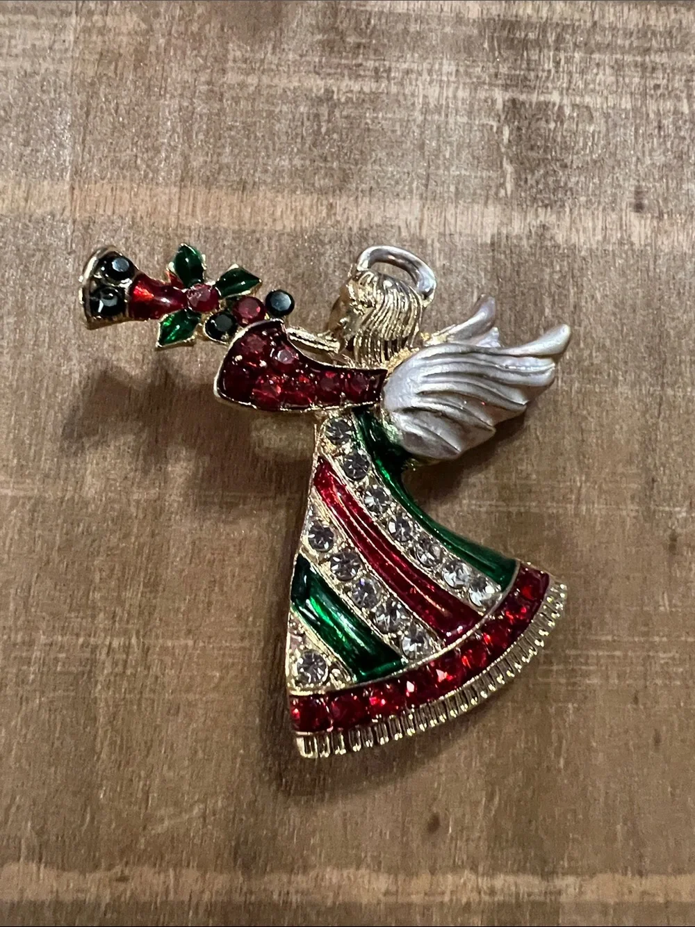 3/$18 Gold-Tone Red & Green Angel Brooch - Holiday Crystal Pin Lot 6075
